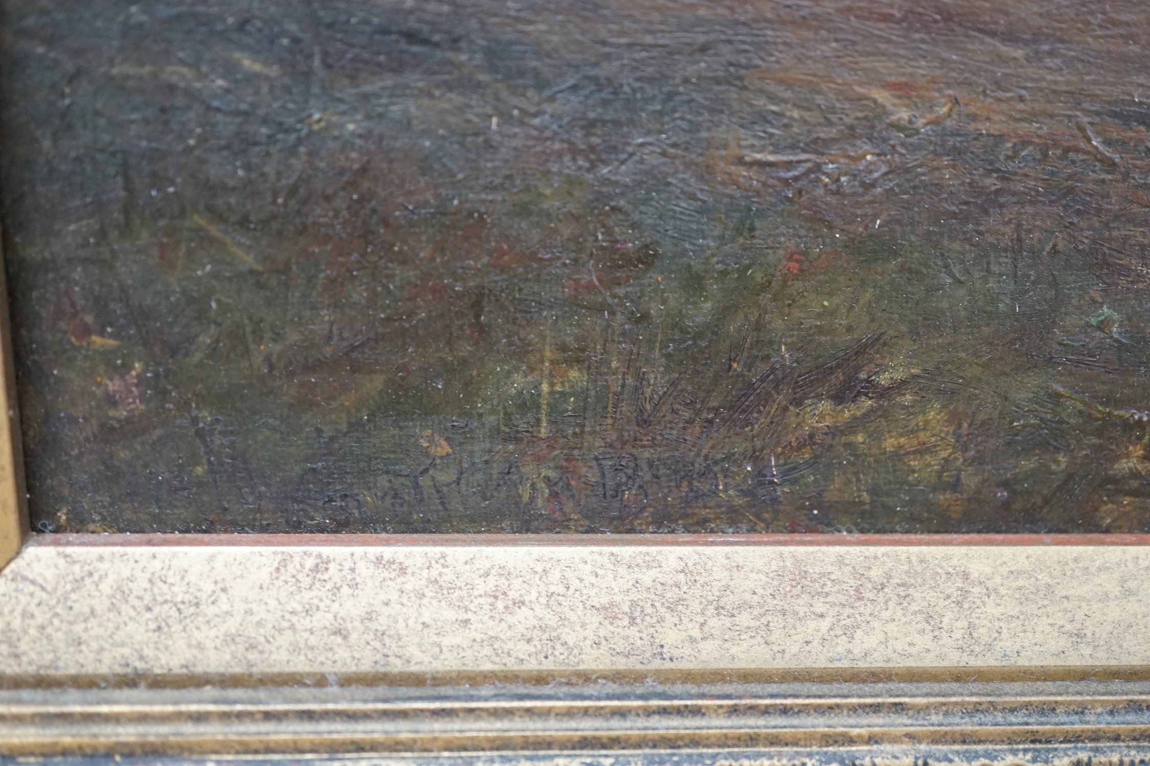 English School, oil on board, Ploughman in a landscape, indistinctly signed, 29 x 44cm